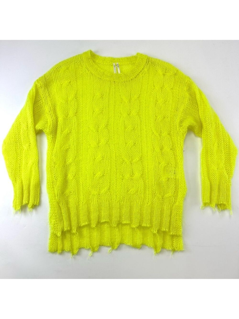 Anthropologie neon yellow pullover sweater Small wool blend crew neck distressed